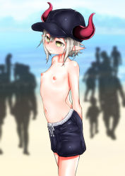 Rule 34 | 1girl, absurdres, arms behind back, beach, black male swimwear, black swim trunks, blue sky, blurry, blurry background, blush, breasts, closed mouth, day, drawstring, emma august, fake horns, female focus, grey hair, hat, highres, horned headwear, horns, male swimwear, male swimwear challenge, mamimi (mamamimi), medium hair, nijisanji, nipples, ocean, outdoors, sand, sky, small breasts, solo, source request, standing, swim trunks, swimsuit, topless, virtual youtuber, water, yellow eyes