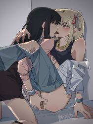 Rule 34 | 2girls, bare shoulders, black hair, black skirt, black sports bra, blonde hair, blush, bracelet, chain, chain necklace, chinese commentary, commentary request, denim, fingering, french kiss, hair ribbon, hand on another&#039;s shoulder, highres, indoors, inoue takina, jeans, jewelry, kiss, kneeling, long hair, long sleeves, lycoris recoil, medium hair, multiple girls, necklace, nishikigi chisato, off shoulder, pants, pink shirt, pussy juice, red eyes, red ribbon, ribbon, saliva, shirt, sitting, skirt, sports bra, tearing up, tongue, tongue out, torn clothes, torn pants, white shirt, yanlingjinshilihuahua, yuri