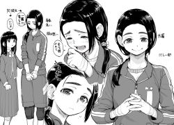 Rule 34 | 2girls, bandages, black hair, commentary request, greyscale, gym shorts, own hands clasped, height difference, jacket, knee pads, laughing, long hair, long skirt, long sleeves, looking at viewer, monochrome, multiple girls, multiple views, necktie, nujima, original, own hands together, ponytail, school uniform, shorts, simple background, skirt, smile, speech bubble, track jacket, translation request, white background, zipper pull tab