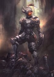 Rule 34 | 10s, 1boy, absurdres, armor, breastplate, buckler, commentary, completion time, corpse, english commentary, epic, fake horns, faulds, full armor, full body, glowing, glowing eye, goblin, goblin slayer, goblin slayer!, greaves, helmet, highres, horned helmet, horns, huge filesize, male focus, matias habert, pauldrons, shield, shoulder armor, single horn, solo