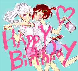 Rule 34 | 2girls, denim, denim shorts, holding hands, happy birthday, kuma (bloodycolor), multiple girls, one eye closed, paint, paint can, paint splatter, red hair, ruby rose, rwby, shorts, weiss schnee, white hair