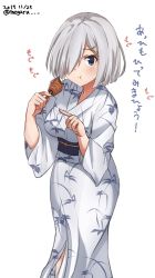 Rule 34 | 1girl, bad id, bad twitter id, blue eyes, breasts, commentary request, cowboy shot, dated, eating, hair ornament, hair over one eye, hairclip, hamakaze (kancolle), highres, japanese clothes, kantai collection, kimono, large breasts, leaf print, meguru (megurunn), one-hour drawing challenge, pointing, print kimono, short hair, silver hair, simple background, solo, squid, twitter username, white background, white kimono, yukata