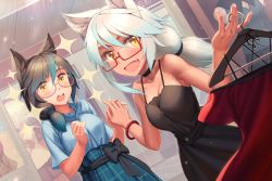 Rule 34 | 2girls, animal ears, bare shoulders, black dress, blush, breasts, character request, check character, chloe von einzbern, commentary request, dark-skinned female, dark skin, dress, fang, fate/grand order, fate (series), fox ears, glasses, hair between eyes, highres, holding, long hair, looking at viewer, multiple girls, open mouth, pink hair, real life, rotix, short hair, small breasts, smile, teeth, upper teeth only, white hair, yellow eyes