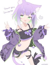 Rule 34 | 1girl, :d, animal ear fluff, animal ears, artist name, bare shoulders, blunt bangs, bow, cat ears, cat tail, collarbone, colored inner hair, commentary request, commission, cowboy shot, crop top, english text, fang, green eyes, green hair, highres, indie virtual youtuber, jacket, looking away, midriff, multicolored hair, navel, open clothes, open jacket, open mouth, purple hair, short hair, short shorts, shorts, shwaa, simple background, single thighhigh, skeb commission, skin fang, smile, solo, strap slip, tail, tail bow, tail ornament, thank you, thighhighs, two-tone hair, urotsuki (2013.04), v, virtual youtuber, watermark, white background, white thighhighs, wrist cuffs
