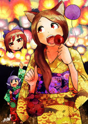 Rule 34 | 3girls, animal ears, balloon, blue hair, brown eyes, brown hair, carrying, carte, disembodied head, drill hair, eating, fangs, faux traditional media, festival, hair over shoulder, highres, imaizumi kagerou, japanese clothes, kimono, multiple girls, obi, open mouth, ponytail, princess carry, red eyes, red hair, sash, sekibanki, shiny skin, touhou, unmoving pattern, upper body, wakasagihime, wolf ears, yukata, | |