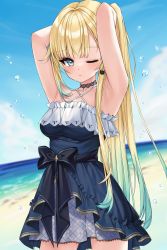Rule 34 | 1girl, aizawa ema, armpits, arms behind head, arms up, bare shoulders, beach, black bow, blonde hair, blue eyes, blue hair, blue sky, bow, cat earrings, choker, cloud, criss-cross halter, day, dress, frilled dress, frills, gradient hair, halterneck, hapinal, highres, lace, lace-trimmed skirt, lace choker, lace trim, long hair, looking at viewer, miniskirt, multicolored hair, ocean, one eye closed, outdoors, plaid, plaid skirt, ponytail, sash, skirt, sky, solo, very long hair, virtual youtuber, vspo!, water, water drop