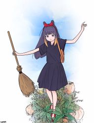 Rule 34 | 1girl, artist name, bag, balancing, black dress, blue eyes, blue sky, bow, broom, brown bag, cosplay, dress, flower, garden, grass, hair bow, highres, holding, holding broom, hololive, hololive english, kiki (majo no takkyuubin), kiki (majo no takkyuubin) (cosplay), long hair, looking down, majo no takkyuubin, ninomae ina&#039;nis, open mouth, orange hair, outstretched arms, plant, pumpkin, purple hair, red bow, red footwear, short sleeves, shoulder bag, sky, solo, swoog, tentacle hair, virtual youtuber, weeds, wide sleeves