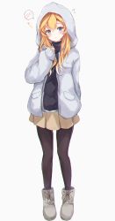 Rule 34 | 1girl, absurdres, abukuma (kancolle), alternate costume, alternate hairstyle, bad id, bad pixiv id, beige skirt, black pantyhose, black sweater, blonde hair, blue eyes, boots, commentary request, cross-laced footwear, full body, grey footwear, hair down, highres, hood, hood up, hooded jacket, hoodie, jacket, kantai collection, lace-up boots, long hair, looking at viewer, pantyhose, pleated skirt, sa-ya2, simple background, skirt, solo, spoken blush, sweater, translated, white background, white jacket