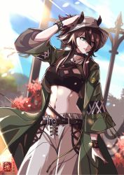 Rule 34 | 1girl, absurdres, adjusting clothes, adjusting headwear, animal ears, arknights, black choker, black shirt, breasts, brown hair, choker, coat, commentary, cowboy shot, crop top, ears through headwear, english commentary, ezraqi, green coat, green eyes, hair ornament, hat, highres, long hair, long sleeves, looking away, looking to the side, medium breasts, meteor (arknights), meteor (bard&#039;s holiday) (arknights), midriff, mole, mole under eye, navel, official alternate costume, open clothes, open coat, outdoors, pants, parted lips, shirt, smile, solo, star (symbol), star hair ornament, stomach, watermark, white hat, white pants, wristband