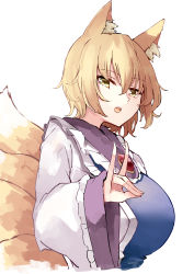 Rule 34 | 1girl, animal ear fluff, animal ears, blonde hair, breasts, deetamu, fox ears, fox shadow puppet, fox tail, highres, huge breasts, kitsune, long sleeves, looking at viewer, multiple tails, open mouth, short hair, simple background, solo, tail, touhou, upper body, white background, white headwear, wide sleeves, yakumo ran, yellow eyes