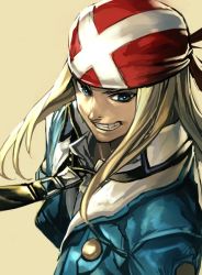 Rule 34 | 1boy, arc system works, axl low, bandana, black necktie, blonde hair, blue eyes, blue jacket, grin, guilty gear, guilty gear xrd, hungry clicker, jacket, long hair, looking at viewer, male focus, necktie, open clothes, open jacket, simple background, smile, solo, upper body, yellow background