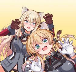 Rule 34 | 2girls, :3, anchor hair ornament, animal ears, aqua eyes, bismarck (kancolle), blonde hair, blue eyes, blush, breasts, claw pose, gloves, gradient background, hair between eyes, hair ornament, hands up, highres, kantai collection, kemonomimi mode, kuroten, large breasts, long hair, looking at viewer, low twintails, military, military uniform, multiple girls, open mouth, panties, prinz eugen (kancolle), sidelocks, tail, tiger ears, tiger tail, twintails, underwear, uniform, white gloves
