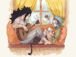 Rule 34 | 1boy, 1girl, barefoot, black hair, blue hair, blush, book, brown eyes, couch, fairy tail, flower, from side, gajeel redfox, grey flower, grey pants, grey rose, grey shirt, guitar, hair flower, hair ornament, headband, highres, holding, holding instrument, indoors, instrument, levy mcgarden, long hair, lying, music, musical note, on stomach, open book, pantherlily, pants, pillow, playing instrument, reading, ribbed sweater, rose, rusky, scar, shirt, sitting, sleeping, smile, sweater, white flower, window