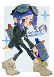 Rule 34 | 1girl, :d, :o, ^ ^, backpack, bag, belt, belt buckle, black belt, black jacket, black pants, blue hair, blush, border, brown footwear, brown shirt, buckle, chibi, chibi inset, closed eyes, corrupted twitter file, drill hair, drill sidelocks, forehead, goggles, goggles on head, grey background, gun, highres, holding, holding gun, holding weapon, ink tank (splatoon), jacket, leather, leather jacket, long sleeves, looking at viewer, nintendo, octoling, octoling girl, octoling player character, open mouth, outside border, p-pepper, pants, parted bangs, pointy ears, red eyes, shirt, shoelaces, shoes, short eyebrows, short hair, sidelocks, simple background, smile, solo, sparkle, splatoon (series), splattershot (splatoon), star (symbol), tentacle hair, thick eyebrows, weapon, white border, zipper, zipper pull tab