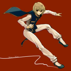 Rule 34 | 1boy, ayamiya fumi, bad id, bad pixiv id, blonde hair, copyright name, earrings, english text, expressionless, full body, hunter x hunter, jewelry, jumping, kurapika, looking at viewer, male focus, red background, red eyes, shoes, short hair, simple background, solo