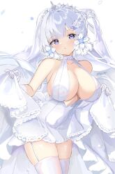 Rule 34 | 1girl, azur lane, blue eyes, breasts, bridal veil, center opening, cleavage, cowboy shot, dress, flower, garter straps, gloves, highres, illustrious (azur lane), illustrious (morning star of love and hope) (azur lane), kisahipi, lace, lace-trimmed dress, lace trim, large breasts, long hair, mole, mole under eye, official alternate costume, rose, sleeveless, sleeveless dress, solo, thighhighs, tiara, tri tails, veil, wedding dress, white dress, white flower, white garter straps, white gloves, white hair, white rose, white theme, white thighhighs
