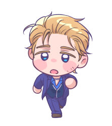 Rule 34 | 1boy, blonde hair, blue shirt, blue vest, brown footwear, chibi, dead by daylight, facial hair, felix richter, full body, hair slicked back, jacket, jewelry, male focus, necklace, open clothes, open jacket, open mouth, pants, purple jacket, purple pants, running, shirt, shoes, short hair, simple background, solo, vest, wasted m9, white background