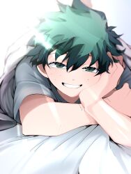 Rule 34 | 1boy, boku no hero academia, commentary request, feet up, freckles, green eyes, green hair, grin, head rest, hei tai (kyaputen1), highres, light rays, looking at viewer, lying, male focus, midoriya izuku, on stomach, scar, scar on arm, smile, solo, under covers
