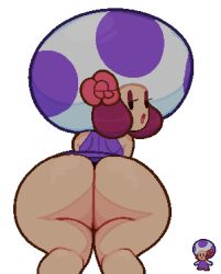 Rule 34 | 1girl, ass, eyeshadow, from behind, half-closed eyes, highres, looking back, makeup, mario (series), nintendo, open mouth, paper mario, paper mario 64, pop diva (paper mario), purple hair, red lips, skirt, solo, somescrub, toad (mario), white background