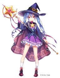Rule 34 | 1girl, blue hair, cape, copyright name, frilled skirt, frills, hat, holding, holding weapon, looking at viewer, red eyes, sid story, sila (carpen), skirt, socks, staff, star (symbol), twintails, uniform, weapon, witch, witch hat