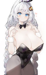 Rule 34 | 1girl, absurdres, animal ear hairband, animal ears, bare shoulders, black hairband, black leotard, blue eyes, blush, braid, breasts, brown pantyhose, cleavage, closed mouth, covered navel, cowboy shot, detached collar, double v, fake animal ears, hair ornament, hairband, heart, highres, imamiya pinoko, kizuna akari, large breasts, leotard, long hair, looking at viewer, pantyhose, playboy bunny, rabbit ear hairband, rabbit ears, rabbit tail, silver hair, simple background, solo, strapless, strapless leotard, tail, twin braids, v, very long hair, vocaloid, voiceroid, white background, wrist cuffs