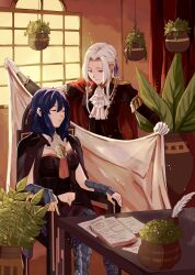 Rule 34 | 2girls, absurdres, blue hair, byleth (female) (fire emblem), byleth (fire emblem), closed eyes, coat, edelgard von hresvelg, fire emblem, fire emblem: three houses, flying-frappuccino, hairband, highres, indoors, long hair, looking at another, military, military uniform, multiple girls, nintendo, purple eyes, sitting, sleeping, smile, uniform, white hair, yuri