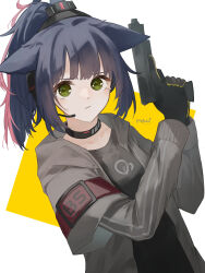 Rule 34 | 1girl, absurdres, arknights, black gloves, black hair, black shirt, closed mouth, collarbone, gloves, green eyes, grey jacket, gun, hands up, headphones, headset, highres, holding, holding gun, holding weapon, jacket, jessica (arknights), layered sleeves, long sleeves, looking at viewer, motoha, multicolored hair, open clothes, open jacket, pink hair, ponytail, shirt, short over long sleeves, short sleeves, sidelocks, signature, solo, two-tone background, two-tone hair, upper body, weapon, white background, yellow background