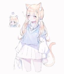 Rule 34 | !, 1girl, animal ear fluff, animal ears, bag, blonde hair, brown eyes, cat ears, cat girl, cat tail, chibi, chibi inset, closed mouth, commentary request, grey background, hair bobbles, hair ornament, highres, holding, holding bag, layered sleeves, long hair, long sleeves, low twintails, multiple views, original, plastic bag, pleated skirt, puffy long sleeves, puffy sleeves, short over long sleeves, short sleeves, simple background, skirt, spoken exclamation mark, tail, ting (tingiiio), translation request, turtleneck, twintails, very long hair, white skirt