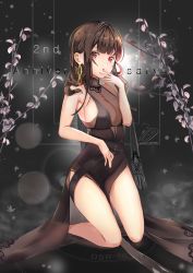 Rule 34 | 1girl, anniversary, black nails, blush, breasts, brown dress, brown hair, character name, cleavage, commentary request, dress, dsr-50 (girls&#039; frontline), dsr-50 (highest bid) (girls&#039; frontline), earrings, fingernails, fringe trim, girls&#039; frontline, hand up, highres, infinity symbol, jewelry, kneeling, large breasts, long hair, nail polish, no bra, official alternate costume, parted lips, pixiv id, red eyes, see-through, sidelocks, signature, sleeveless, sleeveless dress, solo, teratsuki, tongue, tongue out