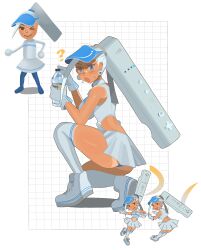 Rule 34 | 1girl, ?, blue eyes, chzzei, controller, earrings, game console, game controller, highres, humanization, jewelry, long hair, open mouth, original, skirt, solo, sweat, tan, tanline, thighhighs, white hair, white skirt, white thighhighs, wii, wii remote