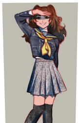 Rule 34 | 1girl, arm up, ascot, black thighhighs, brown hair, commentary, english commentary, grey sailor collar, grey shirt, grey skirt, highres, kujikawa rise, long hair, looking at viewer, neckerchief, persona, persona 4, persona 4 the golden, sailor collar, school uniform, serafuku, shaded face, shirt, skirt, smile, solo, standing, thighhighs, triangle mouth, twintails, umiao, yasogami school uniform, yellow ascot