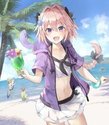 Rule 34 | 2boys, 2girls, :d, astolfo (fate), beach, bendy straw, bikini, bikini skirt, black bow, black ribbon, blonde hair, blue flower, blush, bow, bracelet, braid, cherry, cloud, collarbone, colored skin, commentary request, cowboy shot, cup, day, double bun, drawstring, drinking glass, drinking straw, dutch angle, facing away, fang, fate/apocrypha, fate/grand order, fate (series), floating hair, flower, food, frankenstein&#039;s monster (fate), frankenstein&#039;s monster (swimsuit saber) (fate), frankenstein&#039;s monster (swimsuit saber) (first ascension) (fate), fruit, glint, green shirt, grey skin, groin, hair between eyes, hair bow, hair bun, hair flower, hair intakes, hair ornament, hair ribbon, halterneck, highres, holding, holding cup, holding drinking glass, hood, hood down, hoodie, ice cream, jewelry, kusumoto touka, long hair, looking at another, looking at viewer, looking to the side, miniskirt, mordred (fate), mordred (fate) (all), mordred (fate/apocrypha), mordred (swimsuit rider) (fate), mordred (swimsuit rider) (first ascension) (fate), multiple boys, multiple girls, navel, ocean, official alternate costume, open clothes, open hoodie, open mouth, outdoors, palm tree, partially submerged, pink hair, pocket, ponytail, purple eyes, purple flower, purple hoodie, red bikini, ribbon, sand, shadow, shiny skin, shirt, short hair, short ponytail, short sleeves, side-tie bikini bottom, sidelocks, single braid, sitting, skirt, smile, spartacus (fate), standing, stomach, summer, surfboard, swimsuit, swimsuit cover-up, trap, tree, wading, wet, white bikini, white flower, white skirt