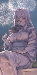 Rule 34 | 1girl, breasts, commentary request, fireworks, floral print, glasses, hand fan, highres, holding, holding fan, indie virtual youtuber, japanese clothes, kimono, large breasts, long hair, looking at viewer, mi2mi2 minmi, mole, mole under eye, night, obi, outdoors, purple eyes, sash, sitting, sky, smile, solo, star (sky), very long hair, virtual youtuber, wide sleeves, yomi tsumugiha, yukata