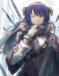 Rule 34 | 1girl, absurdres, aqua eyes, arknights, bag, black jacket, black scarf, blue hair, closed mouth, detached wings, franlol, gloves, highres, horns, jacket, long hair, long sleeves, looking away, looking to the side, mostima (arknights), open clothes, open jacket, scarf, shirt, shoulder bag, solo, upper body, very long hair, white gloves, white shirt, wings