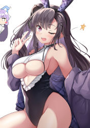 Rule 34 | 2girls, ;d, absurdres, azur lane, bare shoulders, black hair, black leotard, blush, blush stickers, breasts, chibi, cleavage, covered navel, fang, frilled leotard, frills, groin, hair ornament, hairclip, hand up, highres, jacket, leotard, long hair, long sleeves, medium breasts, moyoron, multicolored hair, multiple girls, off shoulder, one eye closed, one side up, open clothes, open jacket, open mouth, pamiat merkuria (azur lane), peeking out, purple eyes, purple hair, purple jacket, simple background, smile, solo focus, star (symbol), tashkent (azur lane), two-tone hair, underboob, v, very long hair, white background