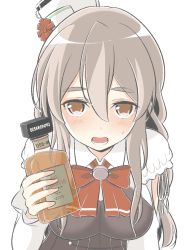 Rule 34 | 10s, 1girl, alcohol, bad id, bad nicoseiga id, blush, bottle, breasts, brown eyes, corset, eyebrows, grey hair, hair between eyes, hat, holding, holding bottle, italian text, kantai collection, large breasts, long hair, looking at viewer, masupa kiriu, mini hat, open mouth, pola (kancolle), shirt, simple background, solo, teeth, thick eyebrows, upper body, wavy hair, white background, white shirt