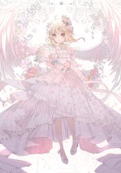 Rule 34 | 1girl, absurdres, alternate costume, bouquet, carrying, commentary request, detached collar, detached sleeves, dress, feathered wings, floral background, flower, frilled dress, frills, full body, genshin impact, hair between eyes, hair flower, hair ornament, high heels, highres, light brown hair, looking at viewer, lumine (genshin impact), scrunchie, short hair, short sleeves, sidelocks, simple background, smile, solo, standing, viclim-monou, wedding dress, white wings, wings, wrist scrunchie, yellow eyes