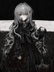 Rule 34 | 1girl, blood, blood on face, bow, chan8016, collared dress, dress, empty eyes, expressionless, field, frilled shirt collar, frilled sleeves, frills, grass, grey eyes, highres, holding, holding shovel, long hair, long sleeves, looking at viewer, original, outdoors, shovel, solo, very long hair, white hair