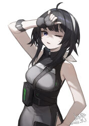 Rule 34 | 1girl, absurdres, ahoge, arknights, arm up, bare shoulders, black bag, black gloves, black hair, black shirt, blue eyes, commentary request, cowboy shot, dated, fingerless gloves, gloves, grey shirt, hairband, highres, la pluma (arknights), one eye closed, open mouth, shirt, short hair with long locks, signature, simple background, single fingerless glove, sleeveless, sleeveless shirt, solo, sweatdrop, ta shi chule zhan hou, two-tone shirt, white background, white hairband