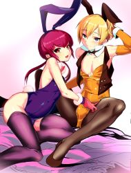 Rule 34 | 2boys, animal ears, blonde hair, blue eyes, blush, bow, bowtie, bulge, crossdressing, detached collar, elbow gloves, fake animal ears, full body, gloves, leotard, male focus, male playboy bunny, minemura, multiple boys, open mouth, original, pantyhose, playboy bunny, purple legwear, rabbit ears, rabbit tail, red eyes, red hair, short hair, smile, tail, thighhighs, trap, trap on trap, twintails, vest, wrist cuffs
