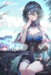 Rule 34 | 1girl, ;), bare shoulders, bead necklace, beads, black hair, blue dress, blue eyes, blue sky, blush, brooch, cat, cherry blossoms, clothing cutout, cloud, commentary request, covered navel, cup, day, dress, feet out of frame, hand up, highres, honkai: star rail, honkai (series), jewelry, long hair, looking at viewer, nanamo yado, necklace, one eye closed, outdoors, petals, ruan mei (honkai: star rail), short sleeves, shoulder cutout, sitting, sky, smile, table, thigh strap