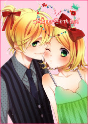 Rule 34 | 1boy, 1girl, ami7, bad id, bad pixiv id, bare shoulders, blonde hair, blush, bow, brother and sister, dress, green eyes, hair bow, hair ribbon, highres, kagamine len, kagamine rin, one eye closed, open mouth, ribbon, short hair, siblings, smile, twins, vocaloid, wink