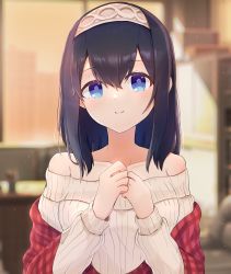 Rule 34 | 1girl, aqua eyes, black hair, blurry, blurry background, collarbone, fiatto029, hairband, highres, idolmaster, idolmaster cinderella girls, indoors, looking at viewer, off-shoulder sweater, off shoulder, own hands together, plaid shawl, red shawl, ribbed sweater, sagisawa fumika, shawl, smile, solo, sweater, upper body, white hairband