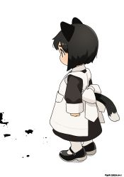 Rule 34 | 1girl, akai sashimi, animal ears, apron, artist name, black dress, black eyes, black hair, child, clenched hand, dress, eyebrows hidden by hair, long sleeves, maid, mary janes, original, shoes, short hair, simple background, socks, solo, tail, white background, white socks