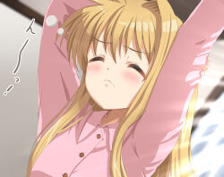 Rule 34 | 1girl, air (visual novel), arm behind head, arms up, blurry, blurry background, blush, close-up, closed eyes, closed mouth, commentary, dogu illust, frown, grabbing own arm, hair between eyes, hair down, hair intakes, indoors, kamio misuzu, light rays, pajamas, pink pajamas, sidelighting, sidelocks, sleepy, solo, sound effects, stretching, sunbeam, sunlight