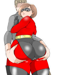 Rule 34 | 1girl, ass, ass grab, black gloves, bodysuit, brown eyes, brown hair, cameltoe, cowboy shot, domino mask, elastigirl, from behind, gloves, groin, helen parr, highres, latex, latex suit, legs, looking back, mask, matching hair/eyes, mature female, no eyes, parted lips, short hair, simple background, solo focus, standing, the incredibles, thighhighs, thighs, wan (13070284), white background
