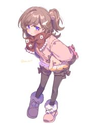 Rule 34 | 1girl, :x, arms behind back, bag, black pantyhose, blush, boots, bow, box, brown bow, brown hair, brown scarf, brown shorts, closed mouth, full body, fur-trimmed boots, fur-trimmed footwear, fur trim, hair ornament, highres, holding, holding box, jacket, leaning forward, legs apart, long sleeves, looking at viewer, magia record: mahou shoujo madoka magica gaiden, mahou shoujo madoka magica, mai akari, official alternate costume, one side up, pantyhose, pantyhose under shorts, paru rari, pink footwear, pink jacket, pom pom (clothes), pom pom hair ornament, purple eyes, rabbit, scarf, shorts, shoulder bag, solo, standing, swept bangs, twitter username, white background, wing hair ornament