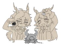 Rule 34 | 3boys, :d, :|, animal ears, antlers, arknights, ascot, bag charm, blush, charm (object), choppy bangs, closed eyes, closed mouth, collared shirt, cropped torso, czerny (arknights), deer antlers, deer boy, deer ears, ebenholz (arknights), epaulettes, hair between eyes, holding, holding charm, holding weapon, horns, jacket, jewelry, kreide (arknights), lapels, long hair, long sleeves, looking at object, low ponytail, male focus, mole, mole under mouth, monocle, multiple boys, multiple monochrome, necklace, notched lapels, open mouth, parted bangs, pq, shirt, sideways glance, sleeveless, sleeveless jacket, smile, sweatdrop, weapon, white background, wing collar