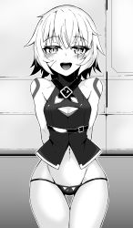 Rule 34 | 1girl, absurdres, arms behind back, bare shoulders, black panties, blush, breasts, cleavage cutout, clothing cutout, crop top, facial scar, fate/apocrypha, fate/grand order, fate (series), grey hair, greyscale, happy, highres, jack the ripper (fate/apocrypha), looking at viewer, lowleg, lowleg panties, medium breasts, medium hair, monochrome, navel, open mouth, panties, scar, scar on cheek, scar on face, solo, souma &amp; shue, tattoo, underwear