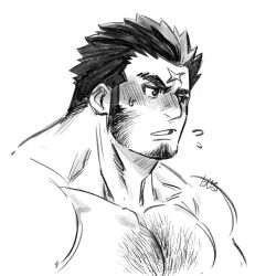 Rule 34 | 1boy, averting eyes, back hair, bara, blush, chest hair, cropped torso, cross scar, eyebrow stubble, flying sweatdrops, gendai, greyscale, highres, houzouin oniwaka, large pectorals, long sideburns, male focus, mature male, monochrome, muscular, muscular male, nervous sweating, nude, pectorals, sanpaku, scar, scar on face, scar on forehead, short hair, shy, sideburns, sketch, solo, sparse chest hair, sweat, thick eyebrows, thick neck, tokyo houkago summoners